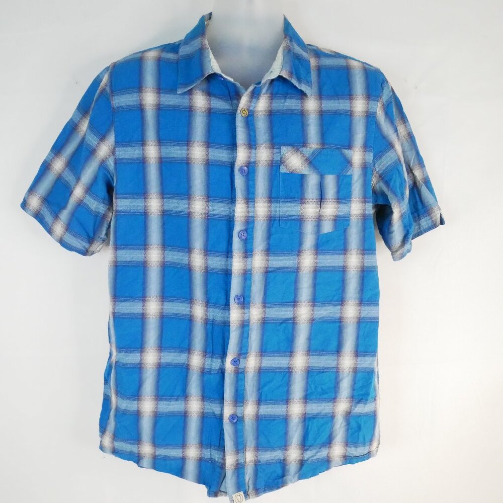 Gramicci Mens Med Plaid  Blue Tan Multi-Color Short Sleeve Button Camp Shirt